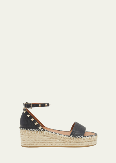 Shop Valentino Rockstud Calfskin Flatform Espadrille Sandals In N02 Nero/light Cu