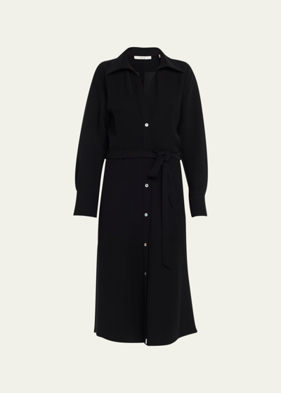 Shop Vince Belted Long-sleeve Midi Shirtdress In Black