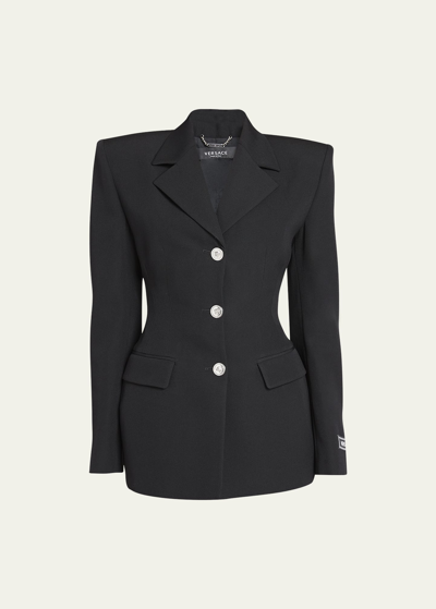 Shop Versace Grain De Poudre Wool Blazer Jacket In Black