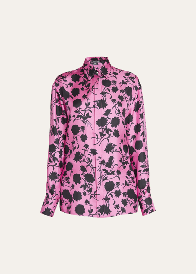 Shop Versace Floral Silhouette-print Silk Twill Collared Shirt In Waterlily Black