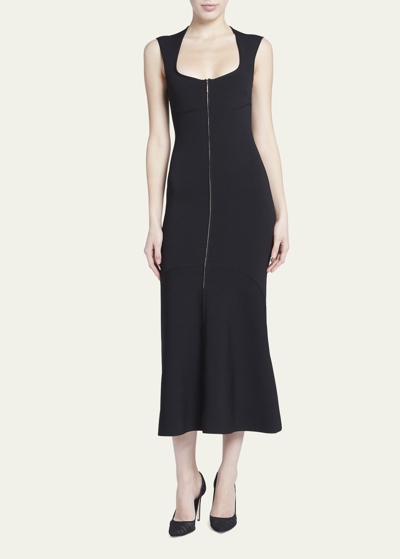 Shop Giorgio Armani Scoop-neck Sleeveless Zip-front Knit Midi Dress In Solid Black