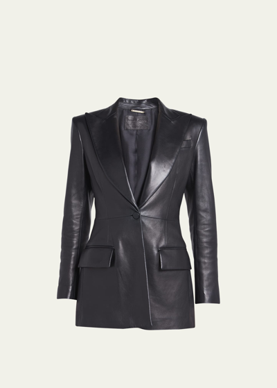 Shop Giorgio Armani Nappa Leather Single-beasted Blazer In Solid Black