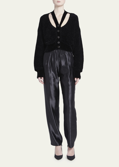 Shop Giorgio Armani Chenille Cutout Cropped Cardigan In Solid Black