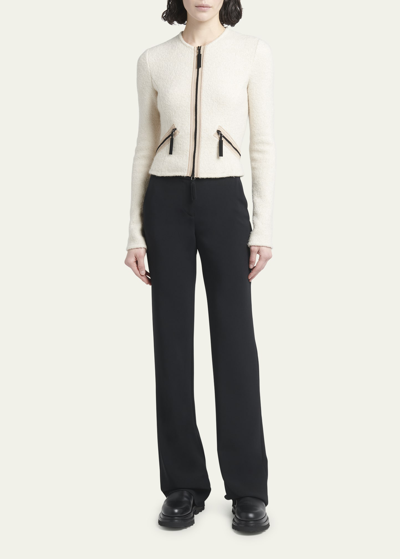 Shop Giorgio Armani Contrast Grosgrain Zip-front Cashmere Silk Jacket In Solid Medium Beig