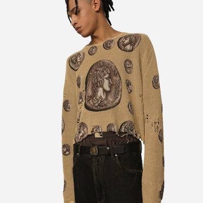 Shop Dolce & Gabbana Coin Print Crew Neck Linen Sweater In Beige