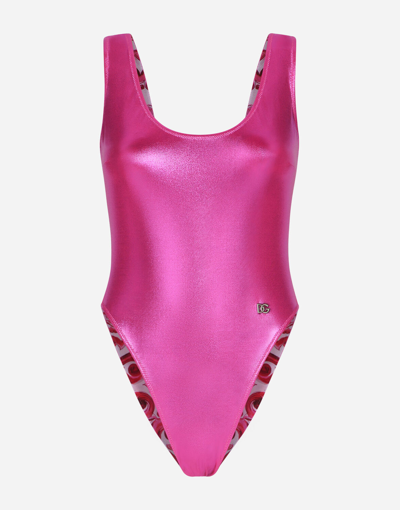 Shop Dolce & Gabbana Laminated Racing Swimsuit In Pink