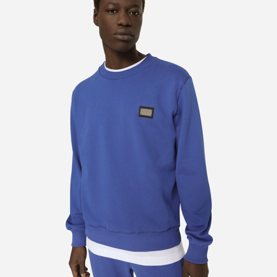 Shop Dolce & Gabbana Jersey Sweatshirt With Branded Tag In Blue
