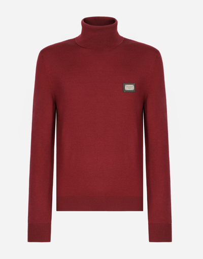 Shop Dolce & Gabbana Wool Turtle-neck Sweater With Branded Tag In Bordeaux