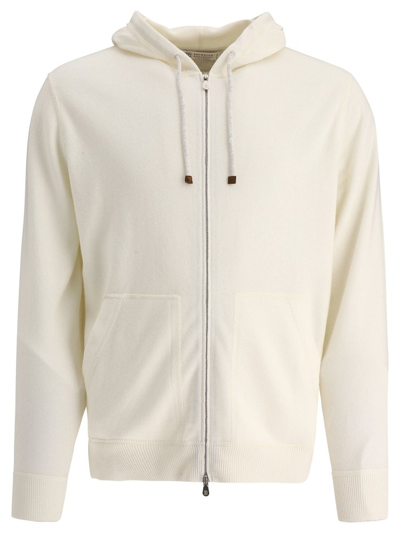 Shop Brunello Cucinelli Drawstring Zipped Knitted Hoodie In White