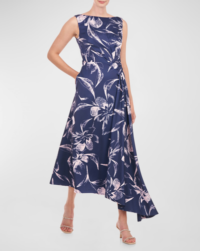 Shop Kay Unger Emmaline Floral-print High-low Midi Dress In Deep Navy/pink Bl