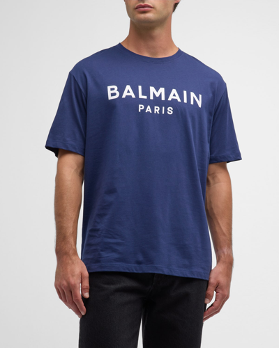 Shop Balmain Men's Logo-print Crew T-shirt In Navy/white