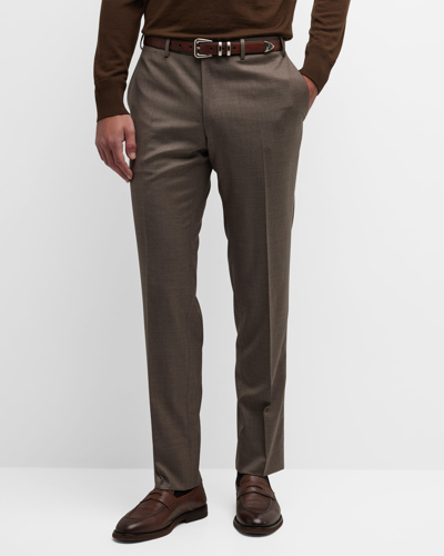 Shop Canali Men's Melange Wool Flat-front Pants In Lt Brown