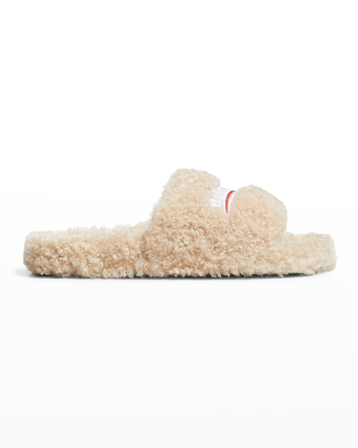 Shop Balenciaga Furry Logo Flat Slippers In 9796 Beige/white/