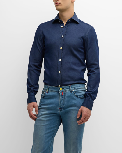 Shop Kiton Men's Cotton-stretch Chambray Sport Shirt In Dark Blue