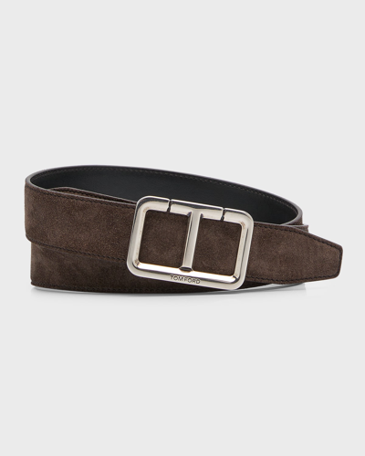 Shop Tom Ford Men's Scored Suede T-buckle Belt In Chocolate