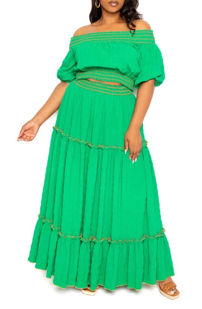 Shop Buxom Couture Smocked Off The Shoulder Puff Sleeve Top & Maxi Skirt Set In Green