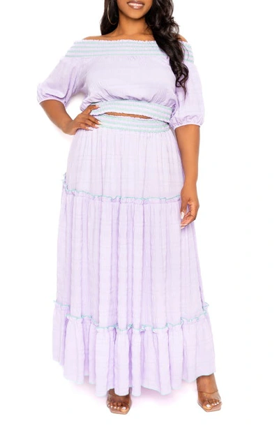 Shop Buxom Couture Smocked Off The Shoulder Puff Sleeve Top & Maxi Skirt Set In Violet