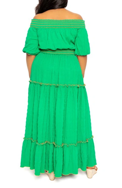 Shop Buxom Couture Smocked Off The Shoulder Puff Sleeve Top & Maxi Skirt Set In Green
