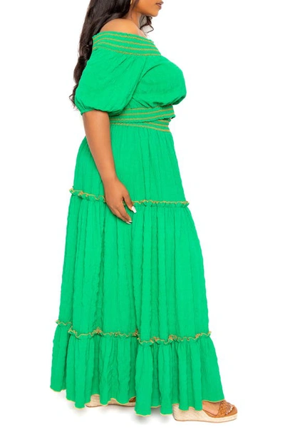 Shop Buxom Couture Smocked Off The Shoulder Puff Sleeve Top & Maxi Skirt Set In Green