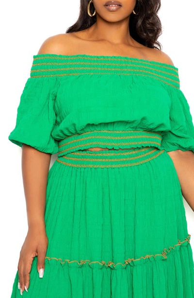 Shop Buxom Couture Smocked Off The Shoulder Puff Sleeve Top & Maxi Skirt Set In Green