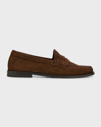 Shop Burberry Men's Logo Coin Suede Penny Loafers In Dark Brown