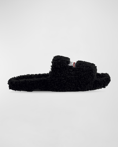 Shop Balenciaga Furry Logo Flat Slippers In 1096 Black/white/