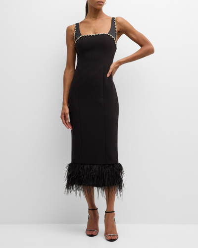 Shop Likely Georgie Rhinestone-trim Sleeveless Feather-hem Midi Dress In Black