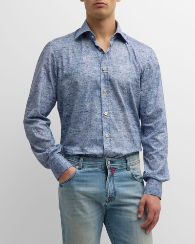 Shop Kiton Men's Donegal-print Cotton Sport Shirt In Light Blue