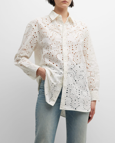 Shop Nili Lotan Mael Embroidered Poplin Button-front Shirt In Ivory Paisley