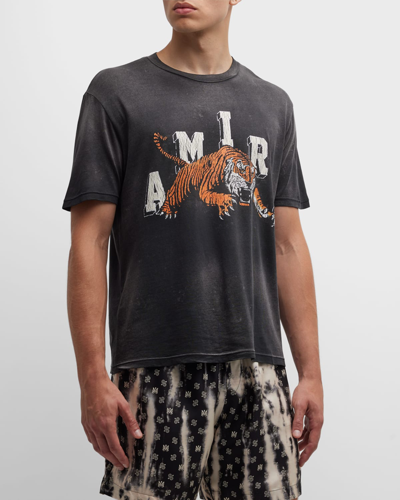 Shop Amiri Men's Faded Vintage Tiger Logo T-shirt In Black