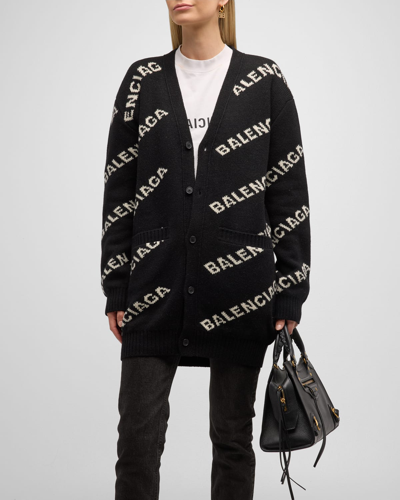 Shop Balenciaga Button-down Logo Knit Cardigan In 1070 Black/white
