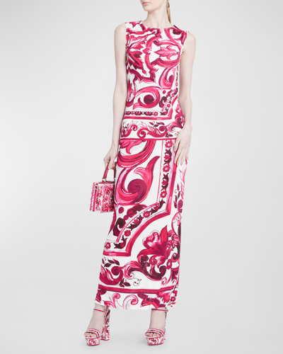 Shop Dolce & Gabbana Majolica-print Sleeveless Sheath Maxi Dress In Naturalwhi
