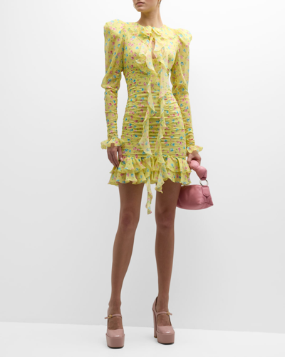 Shop Alessandra Rich Violet Floral Ruched Mini Dress In 1623 Yellow