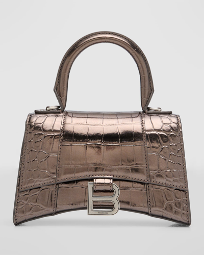 Shop Balenciaga Hourglass Xs Metallic Croc-embossed Top-handle Bag In 2564 Dark Bronze