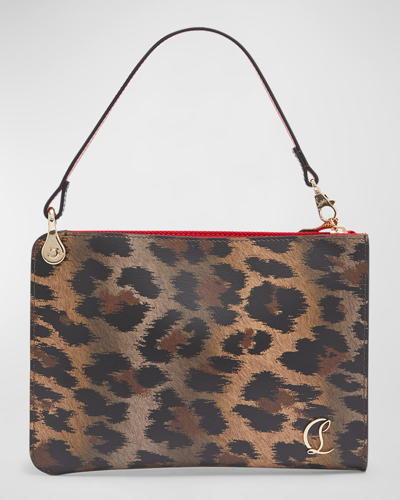 Shop Christian Louboutin Leopard-print Leather Pouch Top-handle Bag In Brown/gold