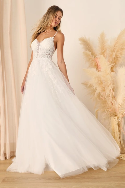 Lulus Height Of Love White Embroidered Beaded Backless A-line Gown In White