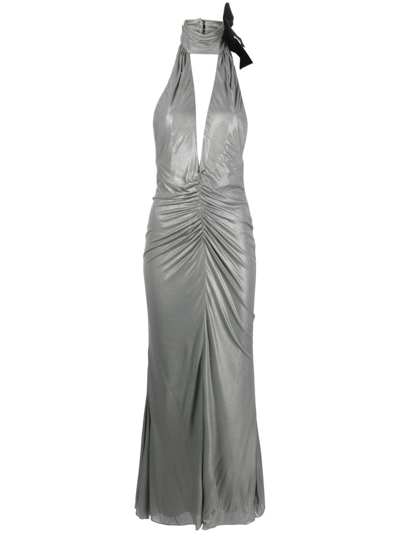 Shop Alessandra Rich Halterneck Open-back Evening Dress In Silver