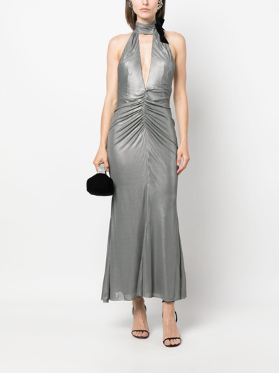 Shop Alessandra Rich Halterneck Open-back Evening Dress In Silver