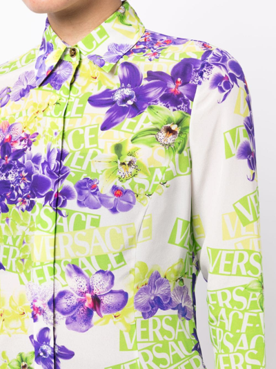 Shop Versace Floral-print Silk Shirt In Green