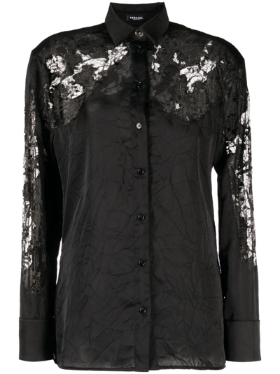 Shop Versace Sheer-lace Crinkled Satin Shirt In Black