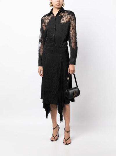 Shop Versace Sheer-lace Crinkled Satin Shirt In Black