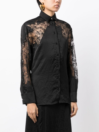 Shop Versace Sheer-lace Crinkled Satin Shirt In Black