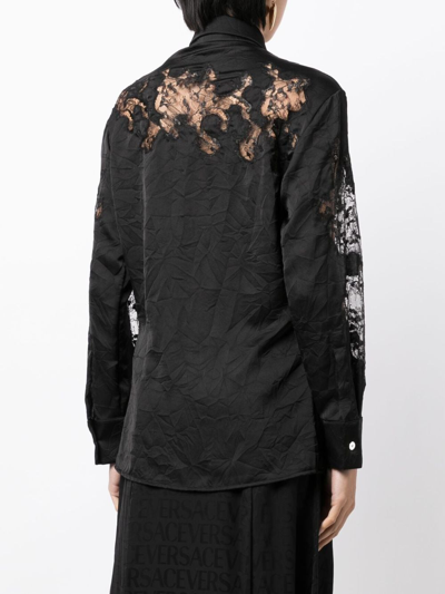 Shop Versace Sheer-lace Crinkled Satin Shirt In Black