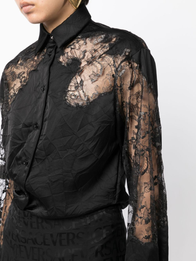 Shop Versace Sheer-lace Crinkled Satin Shirt In Black