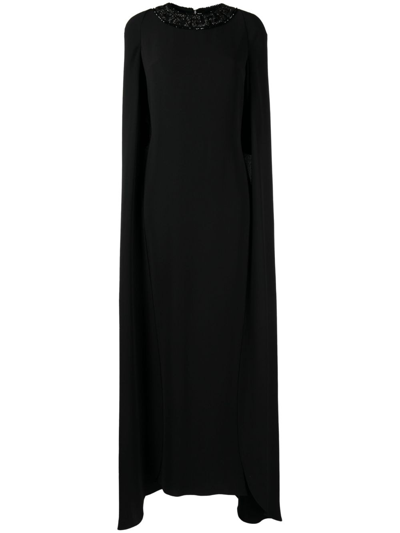 Shop Versace Greca Crystal-embellished Cape Silk Dress In Black