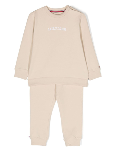 Shop Tommy Hilfiger Junior Curved Monotype Trousers Set In Neutrals