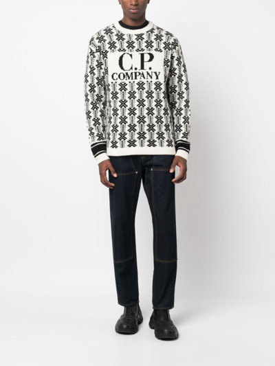 Shop C.p. Company Intarsia-knit Logo Virgin-wool Sweater In White