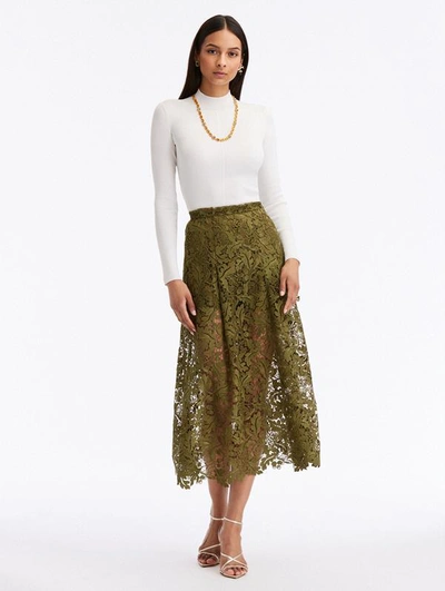 Shop Oscar De La Renta Acorn Guipure Midi Skirt In Olive