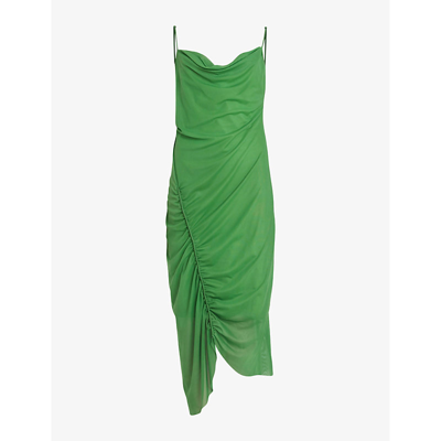 Shop Allsaints Womens Strong Green Ulla Cowl-neck Draped Recycled Polyester-blend Midi Dress