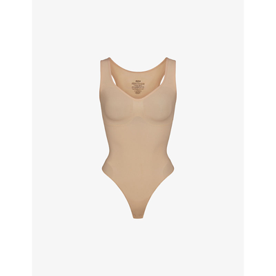 Shop Skims Sculpt Ruched Stretch-woven Body In Clay